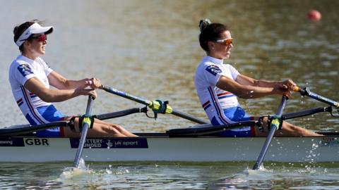 Britain's Emily Craig and Imogen Grant in action in the women's lightweight sculls