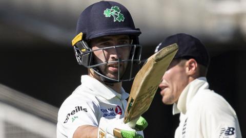 Ireland's Andrew Balbirnie celebrates making a half-century against England at Lord's in 2019