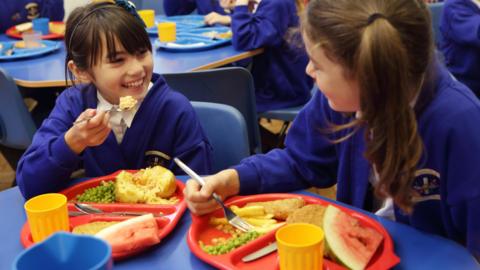 Children eating school dinner