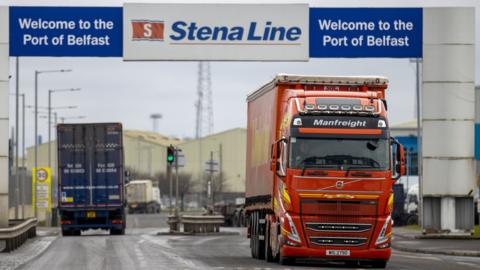 A lorry leaving Belfast Port