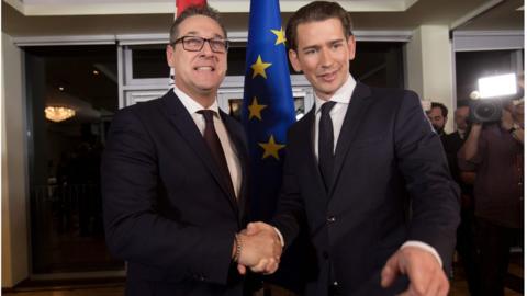 Sebastian Kurz and Heinz-Christian Strache shake hands and smile for the cameras at their joint press conference in Vienna