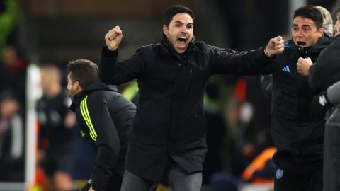 Mikel Arteta, manager of Arsenal, celebrates after Declan Rice of Arsenal (not pictured) scores