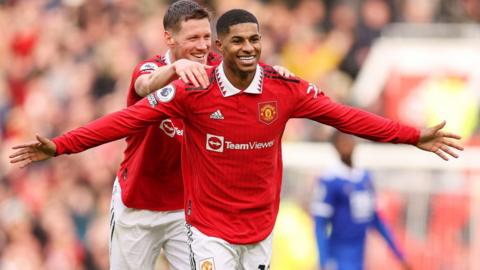 Rashford celebrates a goal during win against Leicester City in February