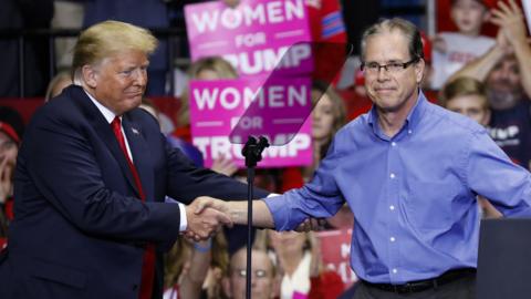 President Donald Trump and Republican Senate candidate Mike Braun during a rally in Fort Wayne, Indiana