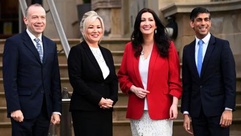 Chris Heaton-Harris, Michelle O'Neill, Emma Little-Pengelly and Rishi Sunak at Stormont Castle