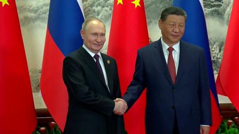 Russian President Vladimir Putin and Chinese President Xi Jinping meet in Beijing, China May 16, 2024, in this still image taken from live broadcast video
