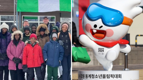 The Nigerian curling team and Mungcho, the official mascot of the Gangwon Winter Youth Olympics