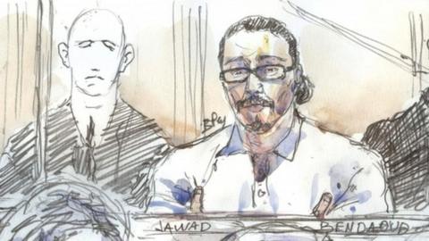 This courtroom sketch created at the Palais de Justice court in Paris on 24 January 2018 shows Jawad Bendaoud in the dock