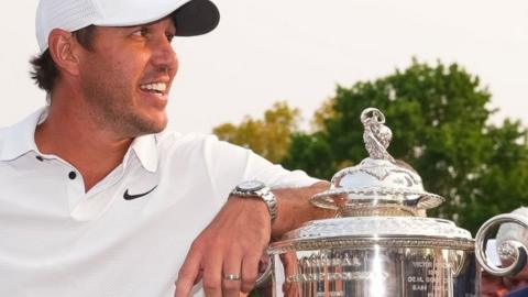 Brooks Koepka with the Wanamker trophy after winning the US PGA Championship