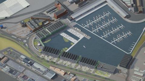 A 3D-graphical impression of a bird's eye view of the Fish Docks