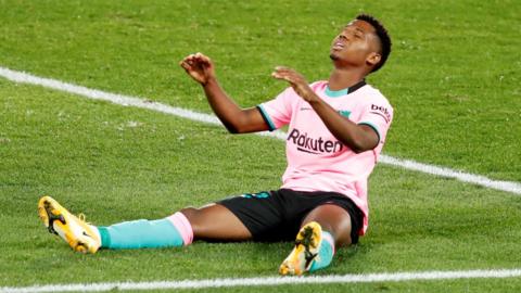 Barcelona's Ansu Fati reacts during the La Liga match withAlaves