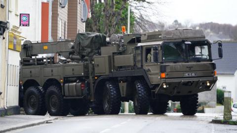 A military vehicle at the scene near St Michael Avenue, Plymouth, where residents have been evacuated and a cordon put in place following the discovery of a suspected Second World War explosive device.