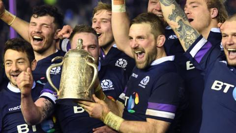 Scotland celebrate their first Calcutta Cup victory since 2008