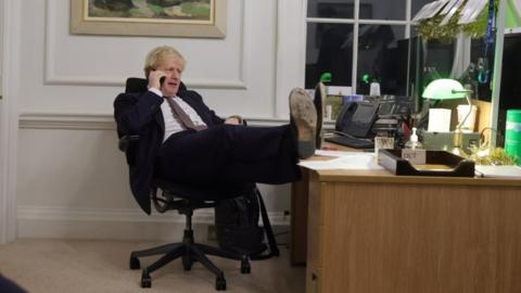 Post Brexit trade deal negotiations: Boris Johnson, inside his office at Number Ten Downing Street, speaking during the later of two telephone calls with the European Commission president on 23 Dec 2020