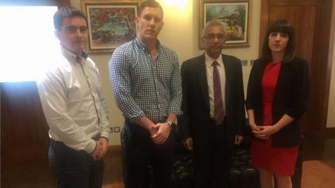 John McAreavey, Mark Harte and Claire McAreavey with Mauritian PM Pravind Jugnauth