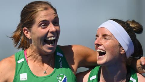 Katie Mullan and Naomi Carroll celebrate qualifying for the EuroHockey Championship