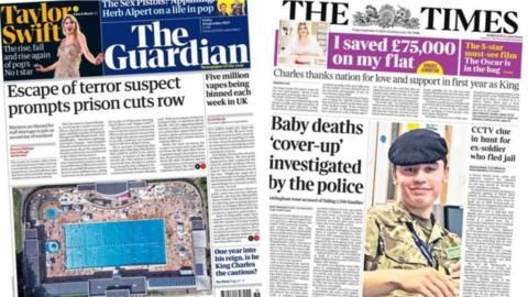 A composite of the Guardian and the Times front pages