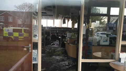 Damage inside Roose Library