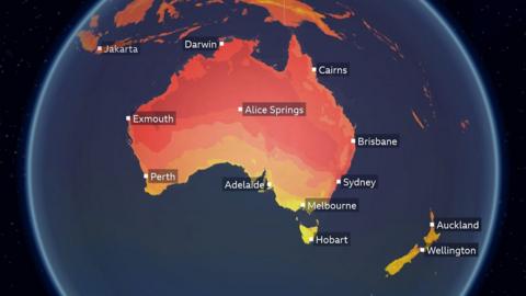 BBC Weather graphic showing the temperature gradient across Australia.