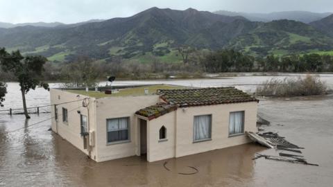 A flooded building in California