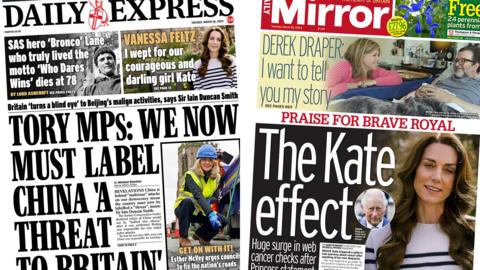 The headline on the front page of the Daily Express reads: "Tory MPs: We now must label China 'a threat to Britain'" and the headline on the front page of the Daily Mirror reads: "The Kate effect"
