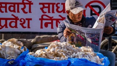 A Kathmandu mushroom seller reads a newspaper