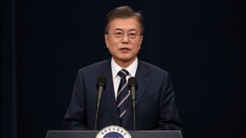 South Korean President Moon Jae-in attends the press conference at the presidential blue house on May 27, 2018 in Seoul, South Korea.