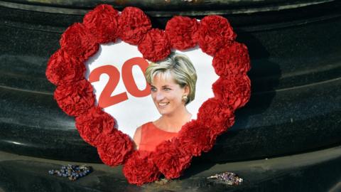 A photograph of Princess Diana and the number 20, framed by flowers in a heart shape