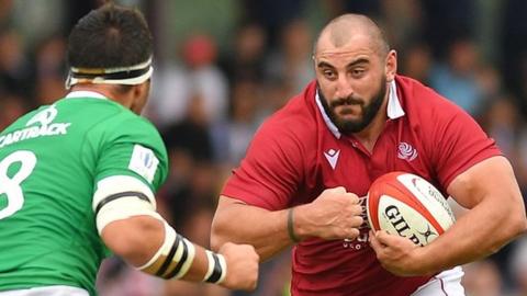 Georgia prop Nika Abuladze carries the ball against Portugal