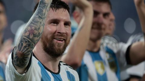 Lionel Messi celebrates passing 100 international goals with a seventh hat-trick for Argentina in a 7-0 win over Curacao in Santiago del Estero