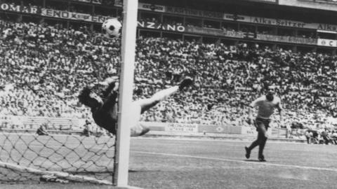 England's Gordon Banks makes a wonder save from Brazil's Pele