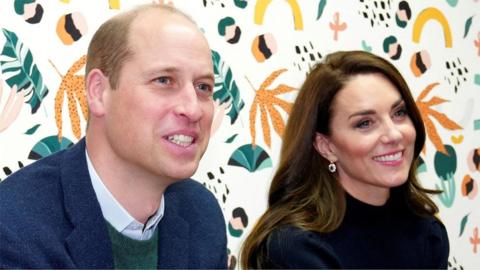 The Prince and Princess of Wales against a colourful backdrop with a leaf motif