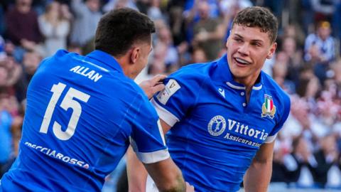 Tommaso Allan and Alessandro Garbisi of Italy celebrate a try during the Six Nations 2024 match between Italy and England