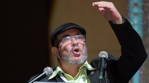 FARC leader Rodrigo Londono Echeverri, known as 'Timochenko' speaks during the opening of their National Congress in Bogota on August 27, 2017