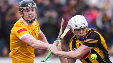 Antrim's Joe Maskey battles with Kilkenny's Cian Kenny in the Allianz League game at Corrigan Park in February