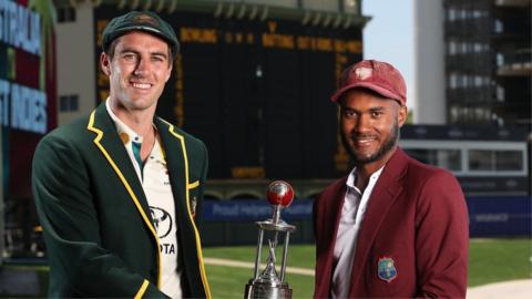 Australian captain Pat Cummins with West Indies captain Kraig Braithwaite