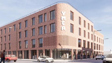 Computer-generated image of a YMCA building on Freeman Street