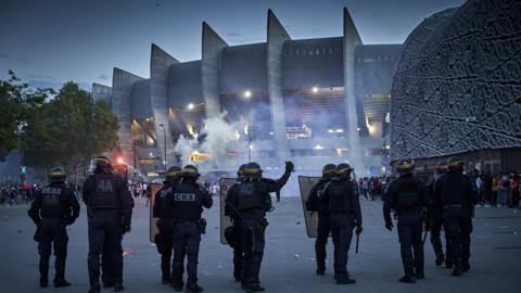 Police outside Paris St-Germain's stadium