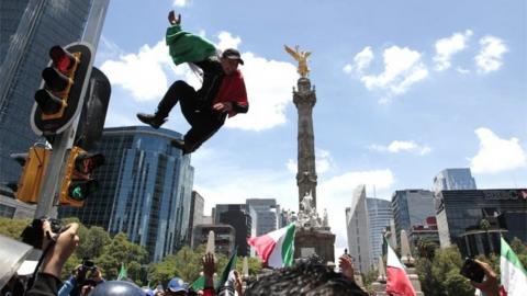 Mexico"s fans celebrate their team winning the FIFA World Cup 2018 group F preliminary round soccer match between Germany and Mexico, in Mexico City, Mexico, 17 June 2018