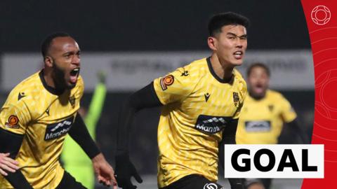 Maidstone midfielder Bivesh Gurung celebrates his goal against Barrow