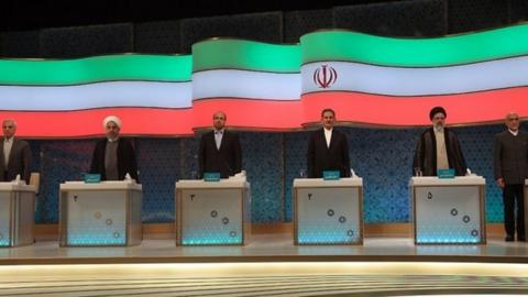 L-R Mostafa Hashemitaba, Hassan Rouhani, Mohammad Baqer Qalibaf, Eshaq Jahangiri, Ebrahim Raisi, and Mostafa Mirsalim