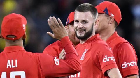 England fast bowler Gus Atkinson celebrates taking a wicket
