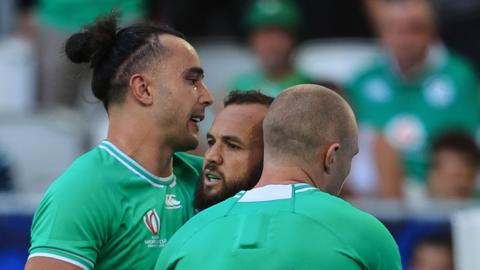 James Lowe, Jamison Gibson-Park and Keith Earls celebrate an Irish try