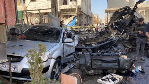 Aftermath of car bombing in rebel-held town of al-Bab, Syria (6 October 2020)