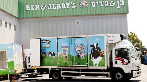 File photo showing a Ben & Jerry's delivery lorry at a factory in Be'er Tuvia, Israel (20 July 2021)