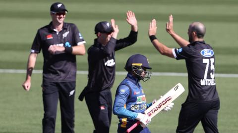 New Zealand's Daryl Mitchell celebrates taking the wicket of Sri Lanka's Dhananjauya de Silva in the third one-day international in Hamilton