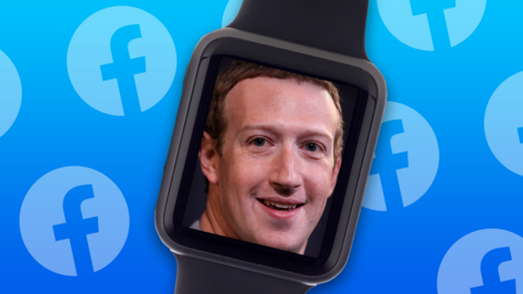 Mark Zuckerberg's photo is on the inside of a smartwatch against a blue background peppered with Facebook logos in this illustration