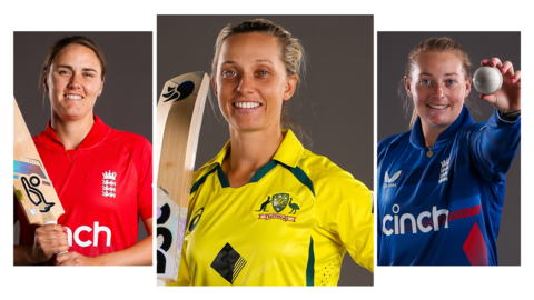 A split graphic showing Nat Sciver-Brunt, Ash Gardner and Sophie Ecclestone