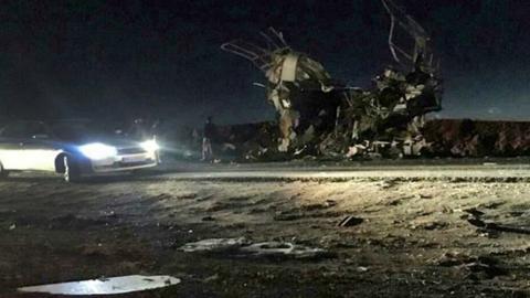 Photo released by Iran's Fars news agency purportedly showing remains of bus targeted in suicide bomb attack in south-eastern Iran on 13 February 2019