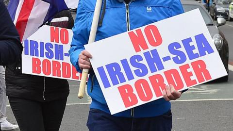 Signs protesting the NI Protocal saying 'No Irish Sea Border'